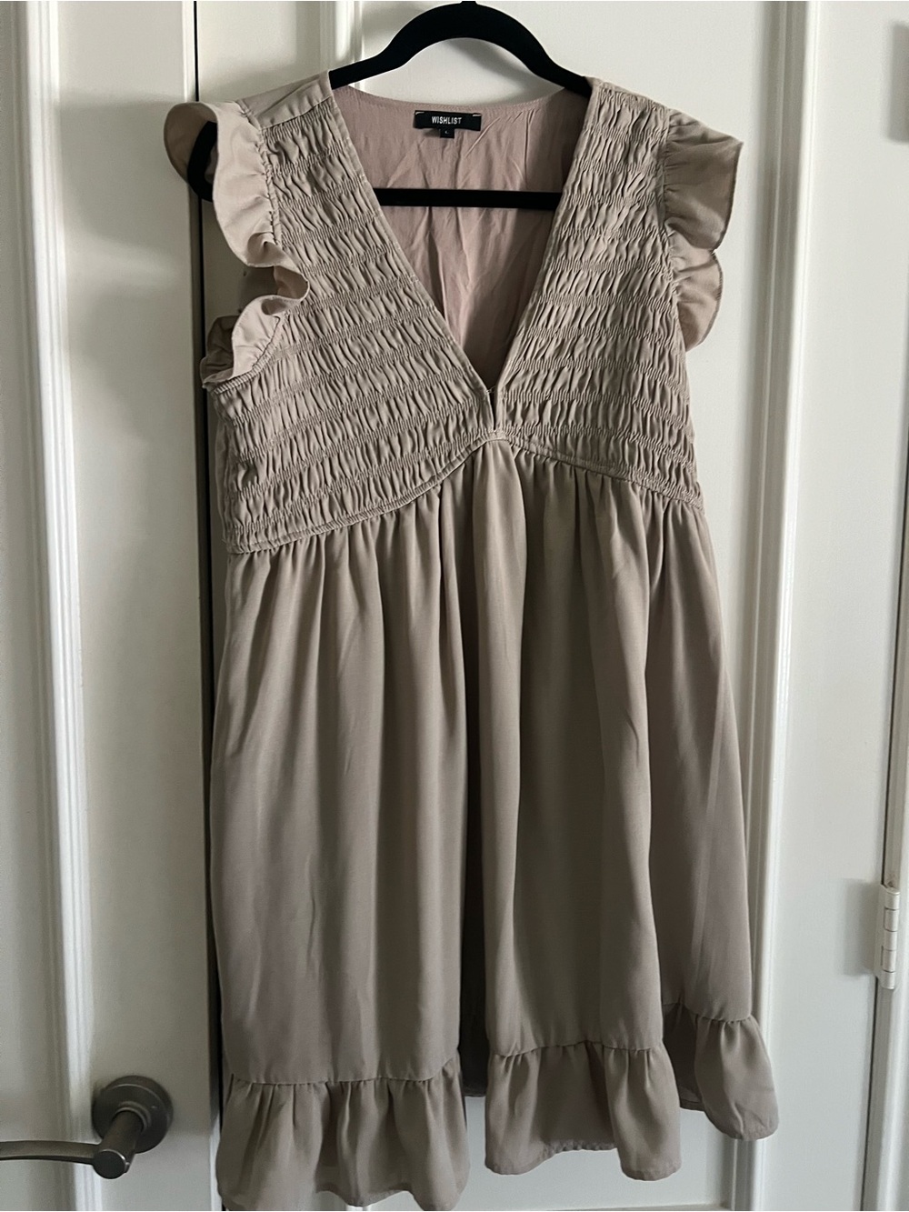 WISHLIST Taupe Ruffled Smocked V-Neck Mini Dress